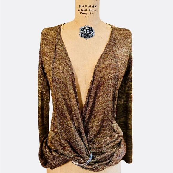 Y2K Unyx Brown sweater Twisted front metallic Gold fine knit top size medium - Picture 3 of 12